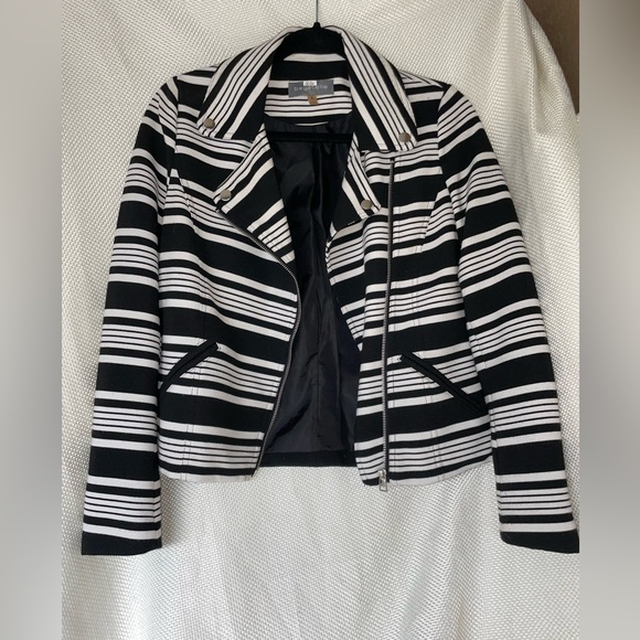 Black and White stripe Bagatelle zip up motto style jacket Silver hardware Small - Picture 2 of 8